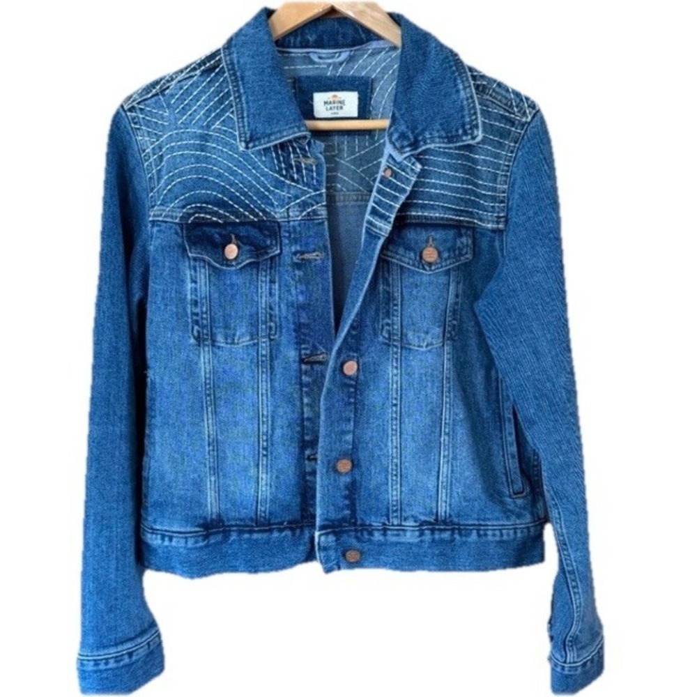 Marine Layer Eileen Cropped Trucker Jacket Denim Embroidered Western Festival
